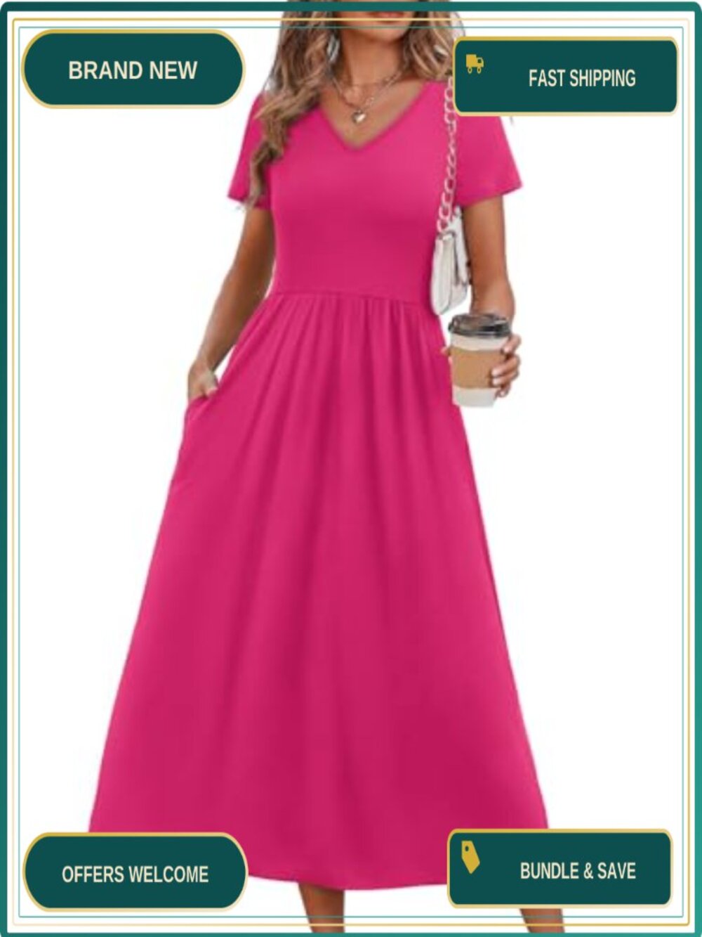 Flowy A-Line Midi Dress V-Neck Short Sleeve Casual Sundress with Pockets
